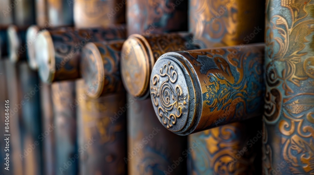 Poster a row of textured metal pipes each one marked with a unique engraved design