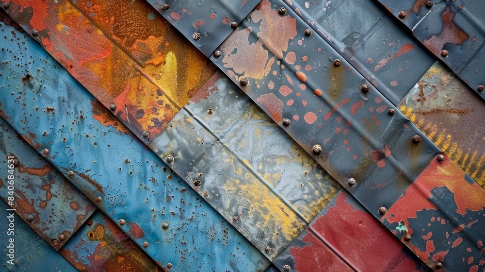 Poster thin overlapping sheets of metal forming a patchwork of patterns on the surface of the ducts