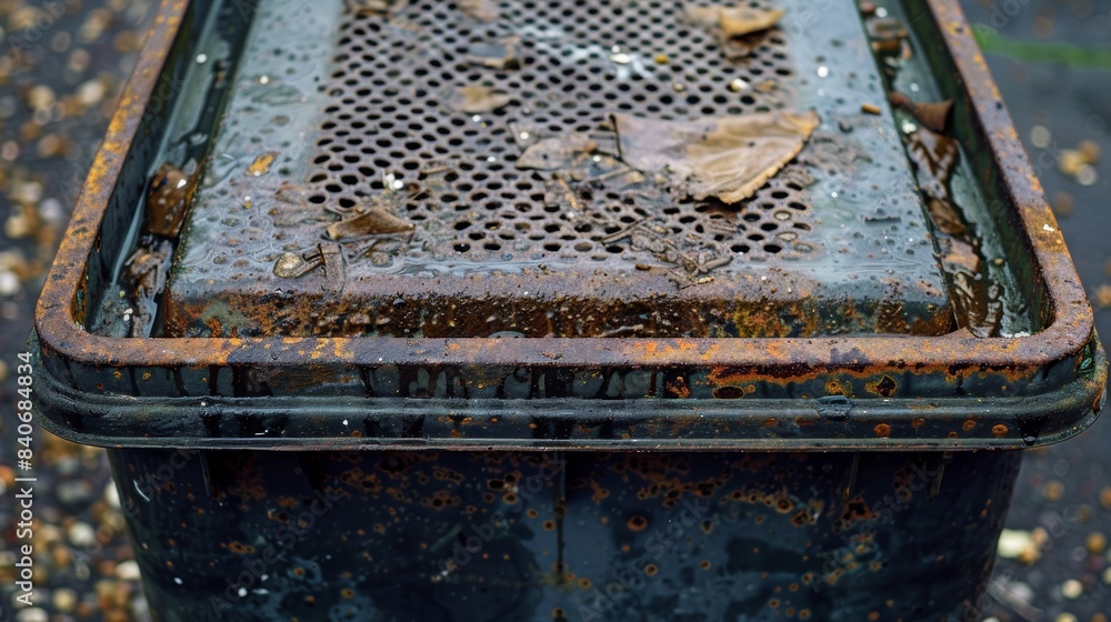 Poster the lid of the bin is covered in a thick layer of grime making it difficult to open and revealing th