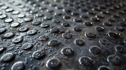 Small intricate dots and circles form a delicate and whimsical pattern against the rough cold texture of the industrial metal flooring