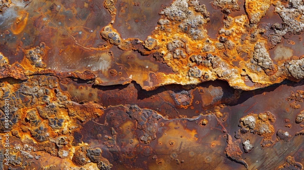 Poster a closeup of a rusty sheet of metal revealing intricate patterns of intertwined rust lines and spots