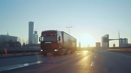 Black Truct driving a road with a city in the distance