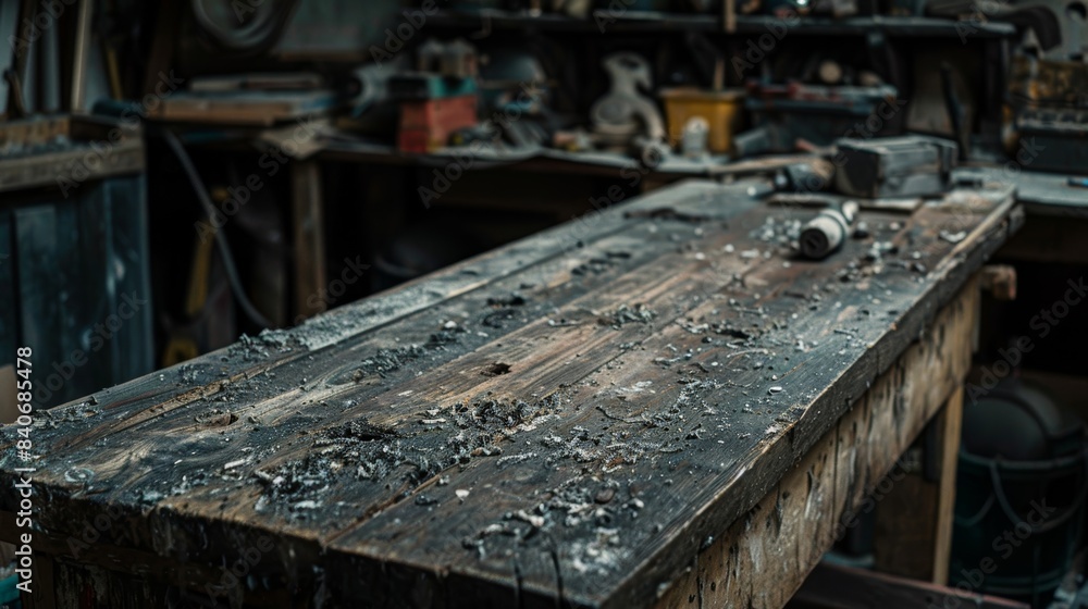 Poster the workbench in the fourth image is covered in layers of dust and grime making its wooden surface a