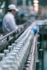 Fototapeta premium A conveyor belt carrying milk bottles, suitable for use in food or beverage related contexts