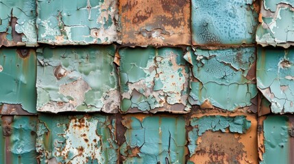 A rusty metal plate with layers of chipped blue and green paint giving the appearance of a patchwork pattern
