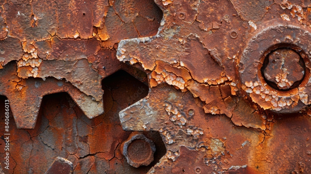 Poster a closeup of a rusted gear showcasing the intricate and delicate network of cracks and rusted rivets