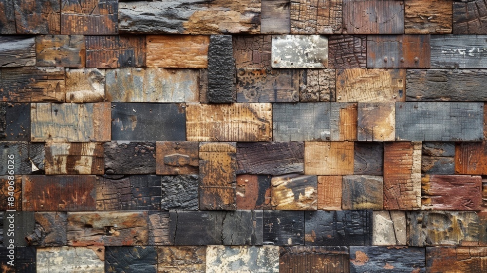 Poster a closeup of a panel made from recycled materials revealing a patchworklike texture with varying sha