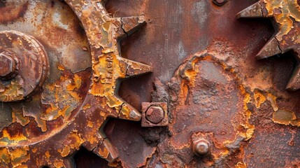 A heavily textured gear with layers of rust and corroded metal creating a rugged and industrial appearance
