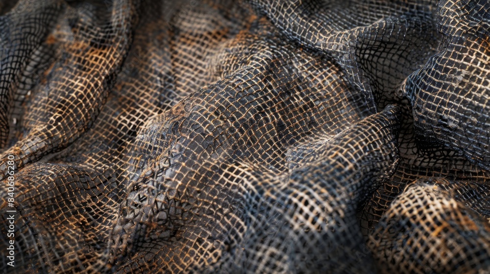 Poster a closeup of a weathered and worn netting fabric revealing a haphazard pattern that conjures a sense