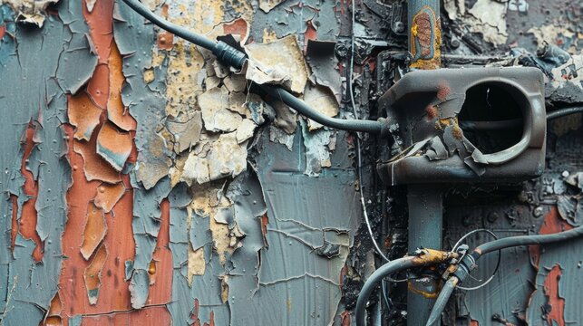 Peeling Paint and Exposed Wires In this image the rough surface of an electrical conduit is visible with peeling paint and worn out areas revealing wires and electrical components underneath