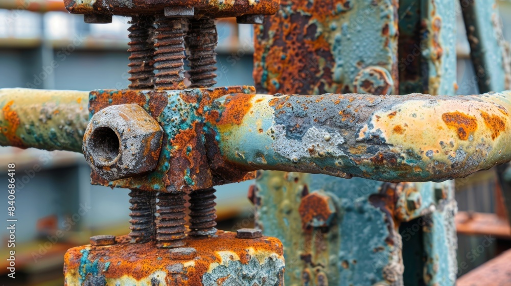 Poster aged assembly the rusted bolts and connectors on the scaffolding display a gritty and weathered text