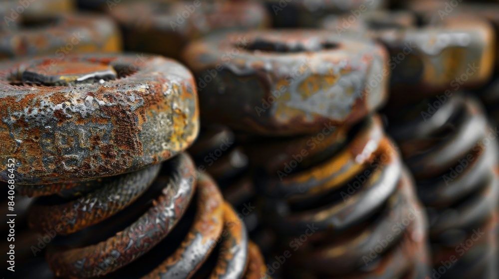 Poster upclose view of a set of industrial springs showcasing the pockmarked surface and worn edges of each