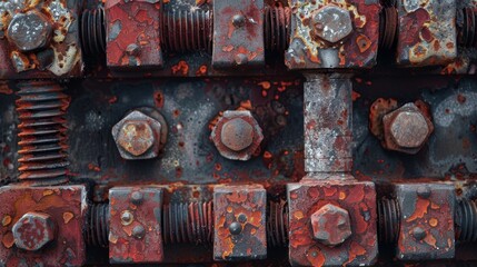 A closeup of a of rusted bolts with dark brown and red patches covering the metal