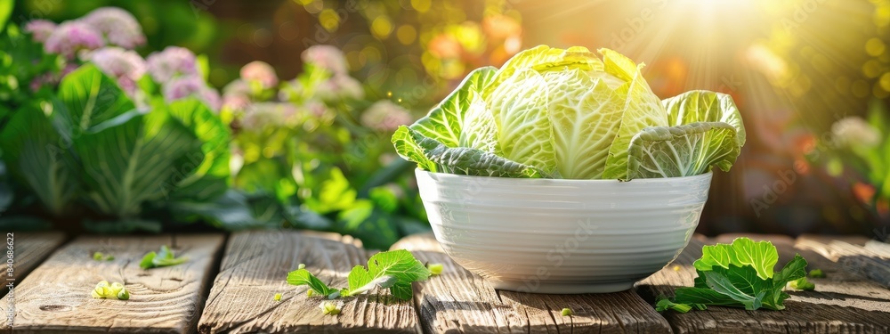 Wall mural fresh cabbage in a white bowl on a wooden table. selective focus