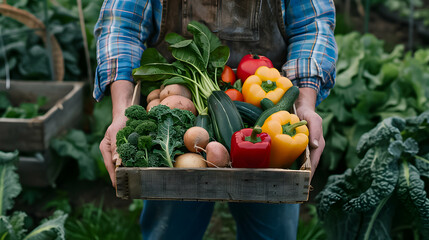 Farmer with a basket of colorful produce in a green field.