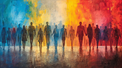 Abstract people silhouettes. Colorful persons  illustration. Diverse human crowd pattern. Community, society, different cultures population. Multicultural International right concept