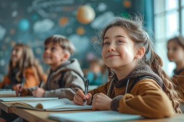 Young student girl sitting at a desk with other children in class. Back to school concept.