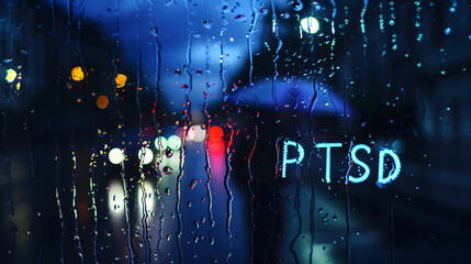 Obraz premium an abbreviation PTSD - post traumatic stress disorder - handwritten on wet glass of night window
