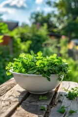 fresh cilantro in a white bowl on a wooden table. Selective focus