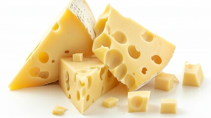 Swiss cheese with big holes, cut in triangle shape and isolated on white background. High-quality photo