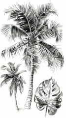 Seamless Border Hand Drawn Black and White Lithography Illustration Retro Style Design. Tropical wallapaper. AI generated illustration