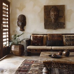 This image presents a refined traditional African living room, featuring mudcloth accents and wooden masks adorning the walls, creating a culturally rich and elegant space.
