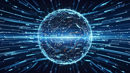 High-Energy Digital Illustration of Futuristic Cybernetic Tunnel with Central Circular Interface and Radial Lines in Blue and Red