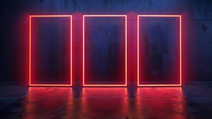 Trio of red neon frames glowing against a dark navy backdrop, perfect for displaying goods, event signs, film posters, and night club menus