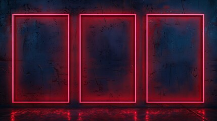Trio of red neon frames glowing against a dark navy backdrop, perfect for displaying goods, event signs, film posters, and night club menus
