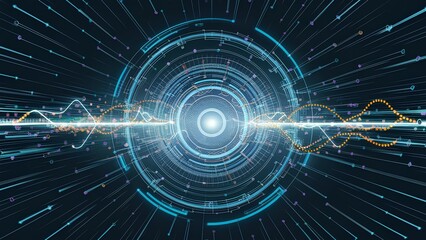 High-Energy Digital Illustration of Futuristic Cybernetic Tunnel with Central Circular Interface and Radial Lines in Blue and Red