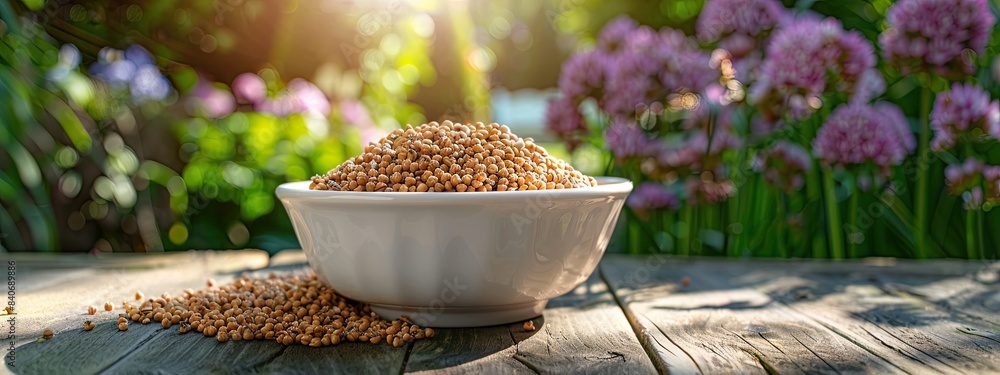 Sticker buckwheat in a white bowl on a wooden table. Selective focus