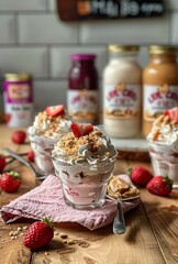 Naklejka premium Delicious Dessert With Whipped Cream, Raspberry Filling, and Crumble Topping