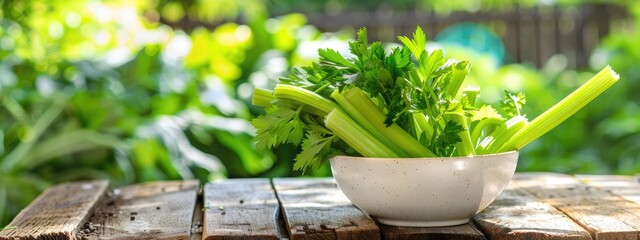 celery in a white bowl on a wooden table. Selective focus