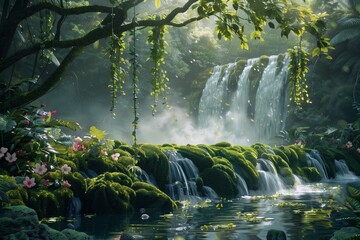A serene scene of a waterfall tumbling over moss-covered rocks in a tropical jungle, with delicate flowers blooming along the water's edge and vines hanging from the trees.