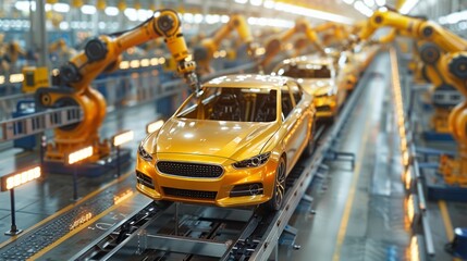 Naklejka premium Assembly line in an automotive factory with cars being assembled by workers and robots, demonstrating industrial efficiency.