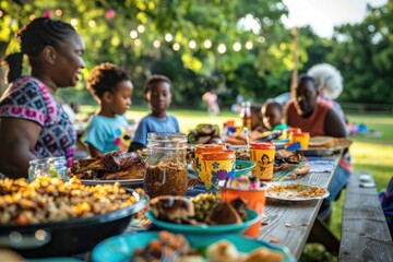 Warm family moment around a picnic table laden with traditional Juneteenth foods, vibrant with the laughter and shared enjoyment of a sunny outdoor meal