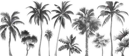 Seamless Border Hand Drawn Black and White Lithography Illustration Retro Style Design. Tropical wallapaper. AI generated illustration