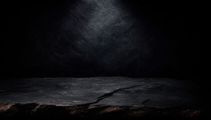 Dark detailed rough black rock table for product display and presentation background branding.