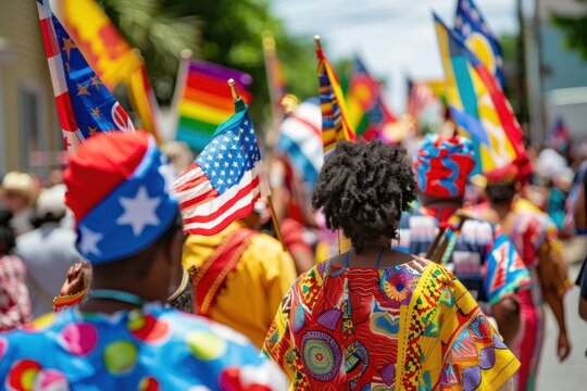 Vibrant scene at a community parade for Juneteenth with participants waving American and Pan-African flags, colorful costumes, and joyful expressions