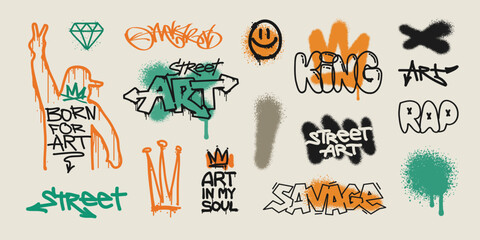Street Art Graffiti text slogan prints dsgn with spray paint effect. Graffiti quote in hip-hop style urban typography words, street art elements for graphic tee, t-shirt, apparel - editable vector (2) © VRTX