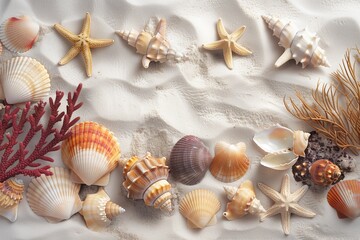 Obraz premium A stunning beach banner featuring a collection of vibrant shells, delicate corals, and starfish arranged on pure white sand. The intricate details of each element are highlighted.