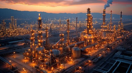 Fototapeta premium Oil refinery with towering structures and complex pipelines, showcasing the energy industry's scale and complexity.
