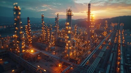 Fototapeta premium Oil refinery with towering structures and complex pipelines, showcasing the energy industry's scale and complexity.