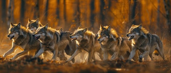 Deep in the heart of the forest, a wildlife photographer captures the stealthy movement of a pack of wolves on a hunt. The wolves' fur blends seamlessly with the forest underbrush, and their intense,
