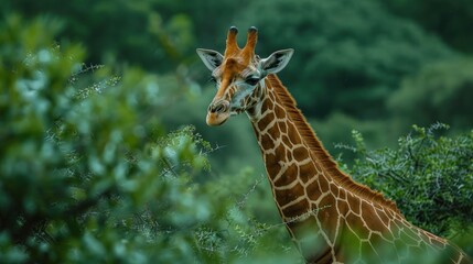 Obraz premium On the safari plains, a wildlife photographer captures the serene image of a giraffe gracefully munching on the leaves of a tall acacia tree. The giraffe's long neck and distinctive markings are