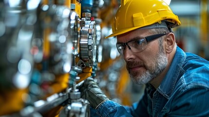 Industrial engineer inspecting high-tech equipment in a precision manufacturing facility, emphasizing innovation.