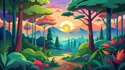 forest landscape of colorful sunsets vector background