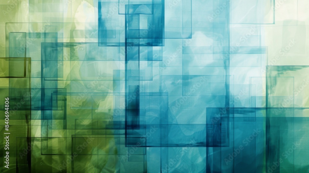 Aufkleber An abstract background featuring overlapping transparent squares in shades of blue and green. The layered design creates depth and a modern, digital feel