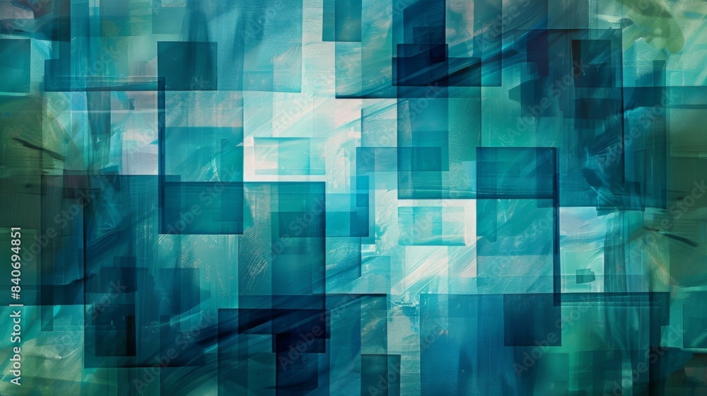 Poster an abstract background featuring overlapping transparent squares in shades of blue and green. the la