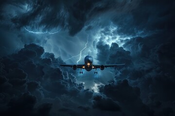 Commercial jetliner navigating turbulent weather with dramatic lightning against a dark cloudy backdrop